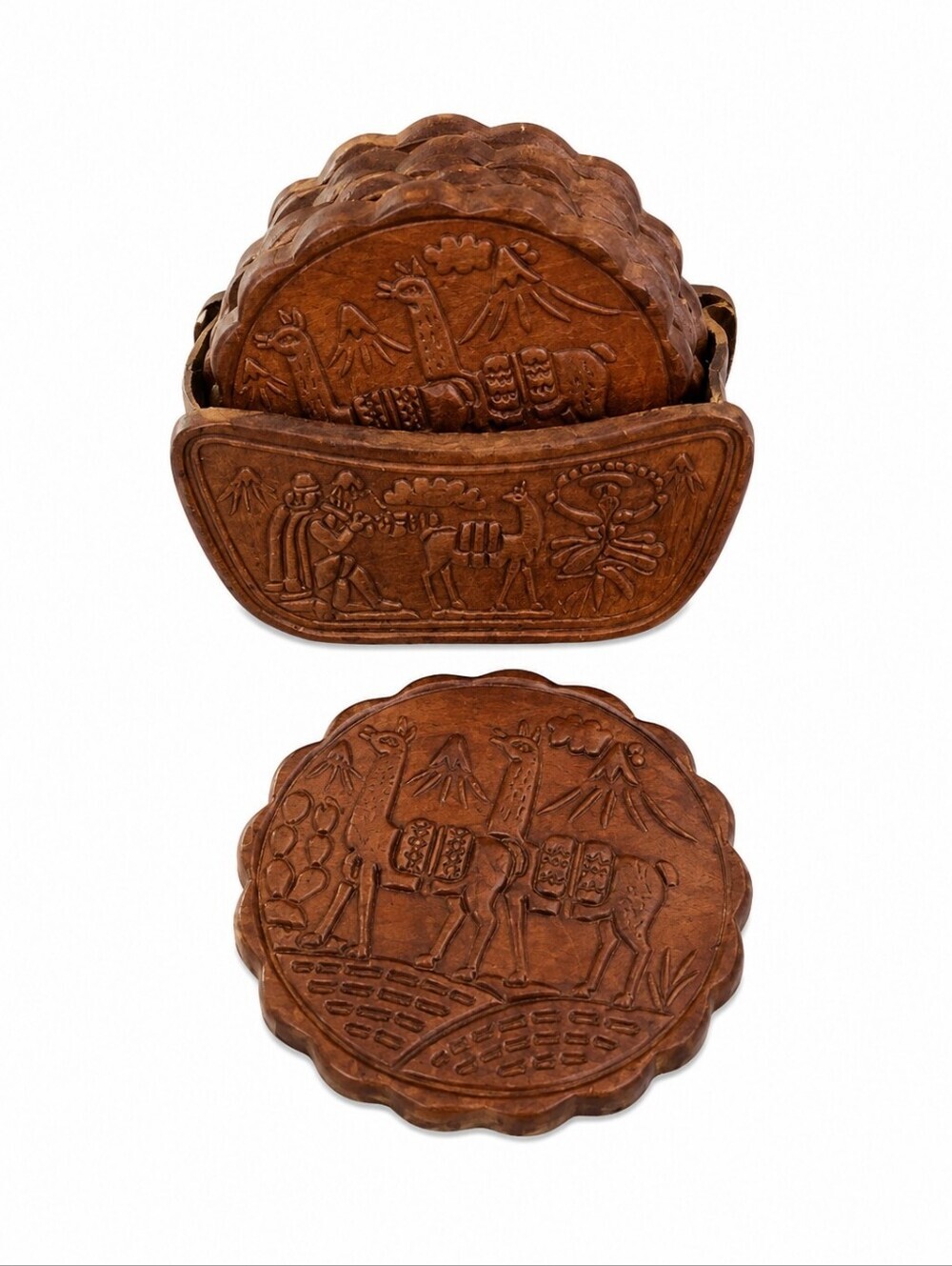 VTG Set of Six Peruvian Camel Hand Tooled Leather Scallop Coaster Set